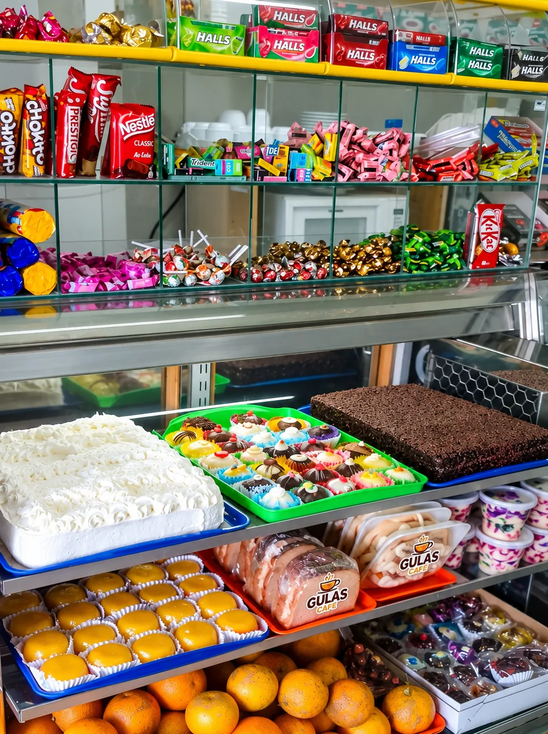 Vitrine com bolos, doces e lanches do Gulas Café