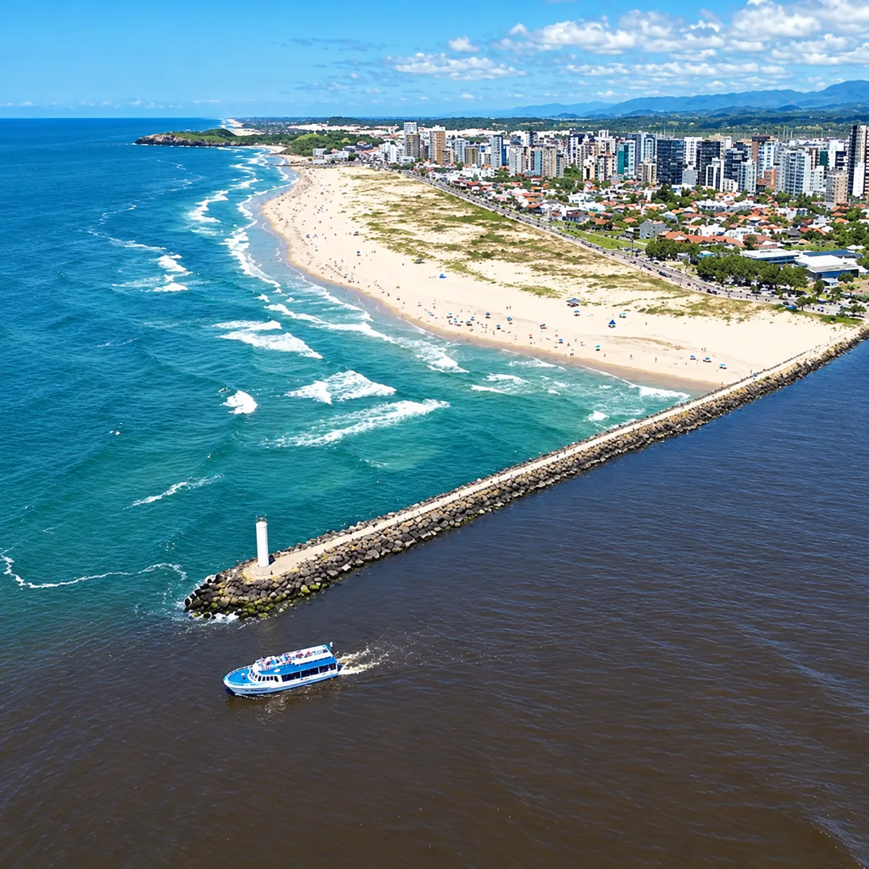 Vista aérea da costa de Torres, com praia, molhe e barco no Rio Mampituba