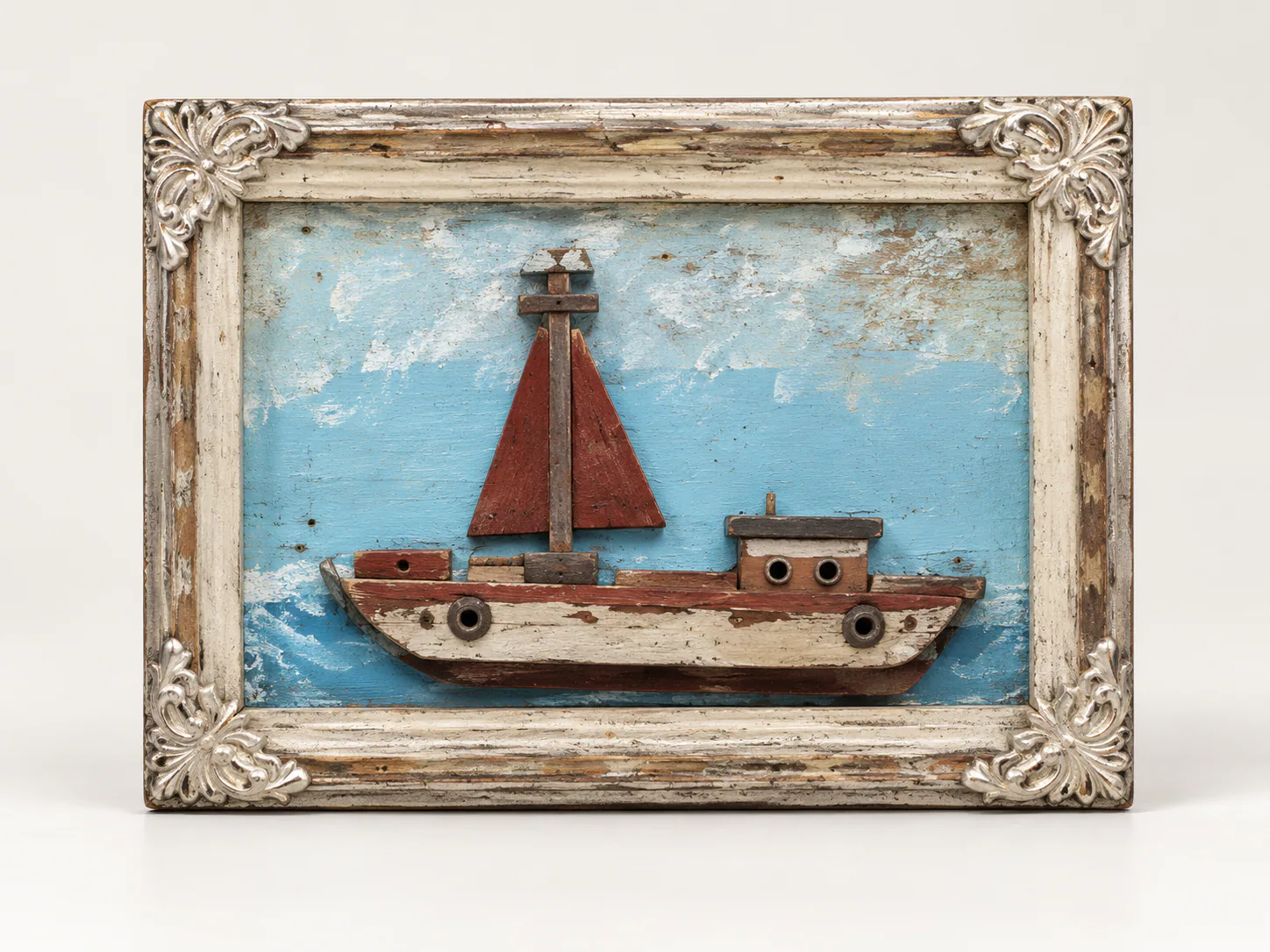 Quadro com barco de madeira em relevo, vela avermelhada, fundo azul e moldura prateada.