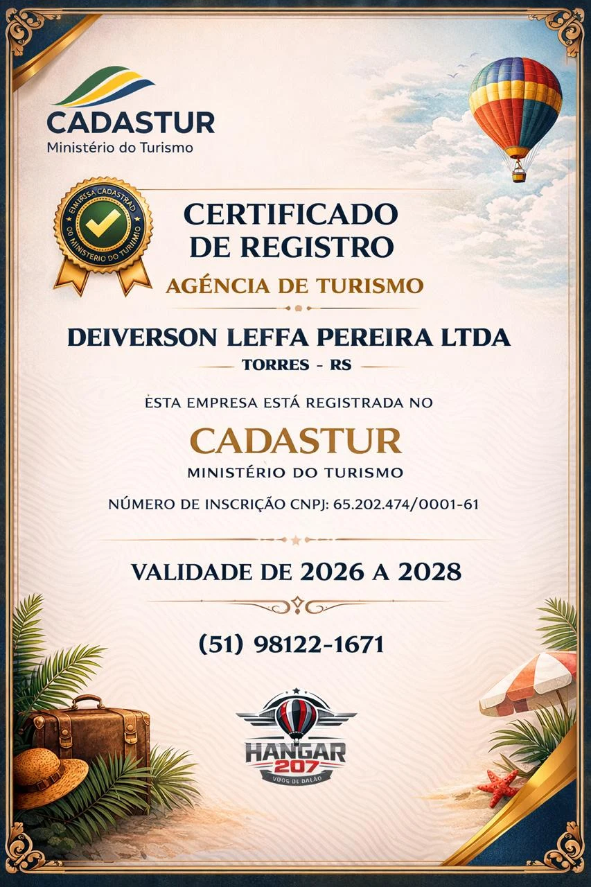 Certificado de registro no Cadastur enviado pela Hangar 207