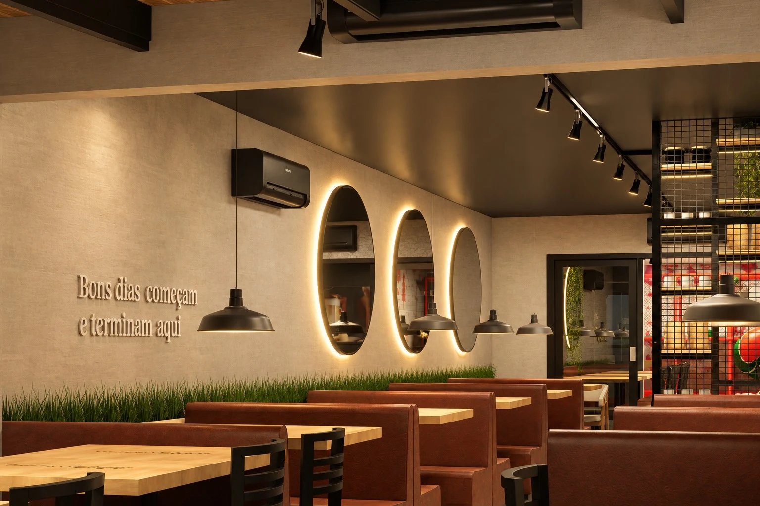 Mesas e decoração do Quiero Café